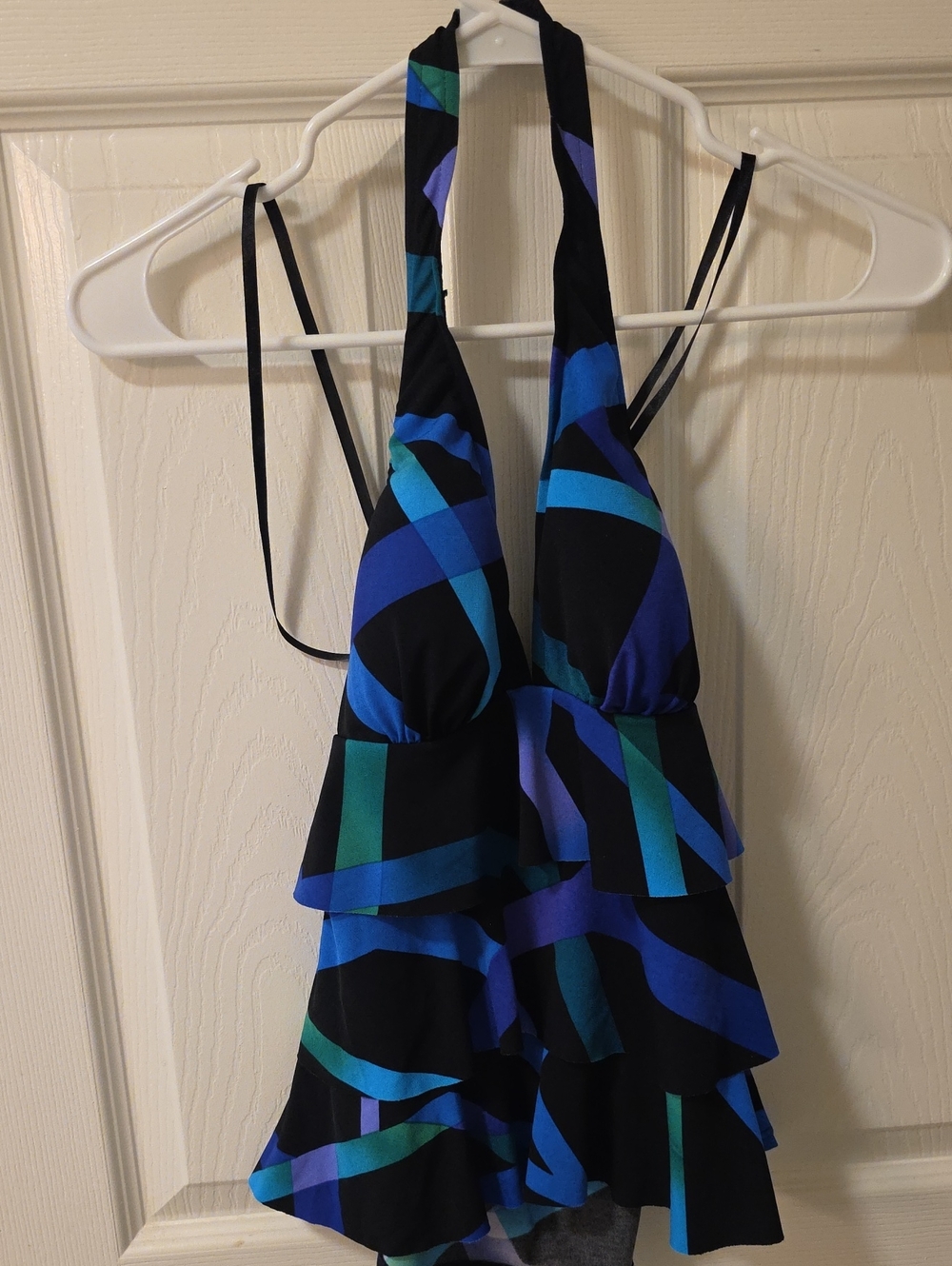 Black Halter One-Piece Swimdress with Blue and Teal Stripe Accents